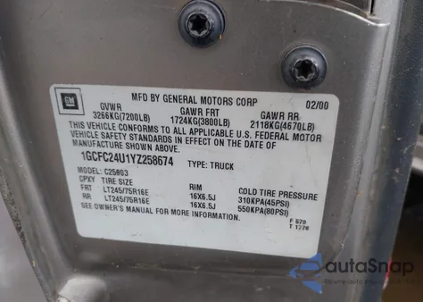 2000 Chevrolet Silverado 2500 Ls from USA, damaged, VIN 1GCFC24U1YZ258674